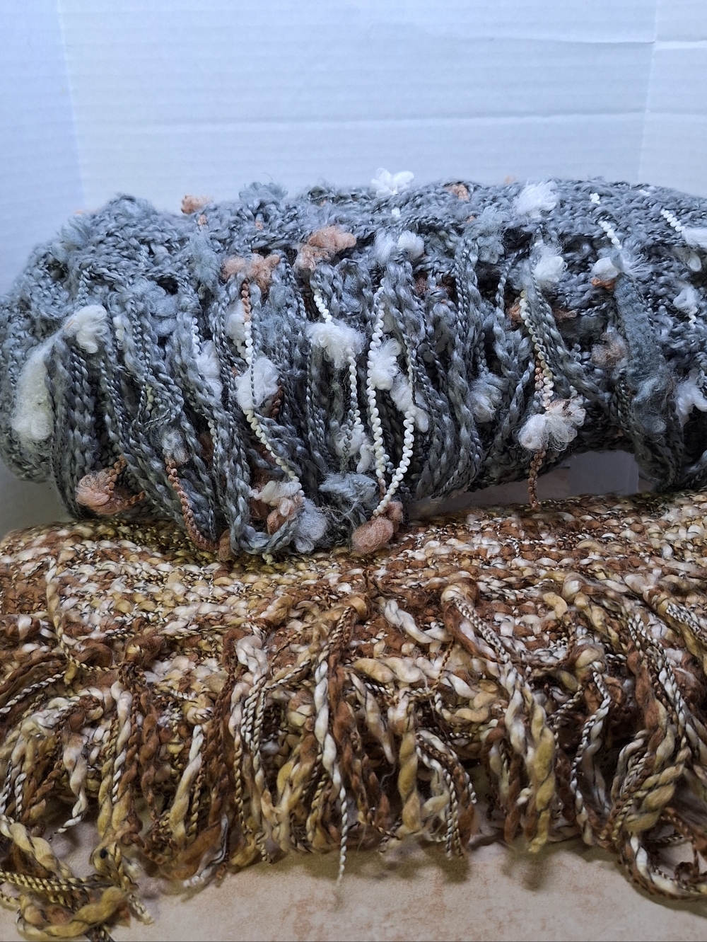 Woven Handmade Textured Scarves Gray White And Brown Cottagecore Fibers Natural